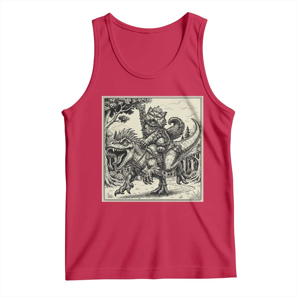 Cool Royal Cat Riding Dinosaur Tank Top Rock N Roll Engraving Graphic Art TS12 Red Print Your Wear