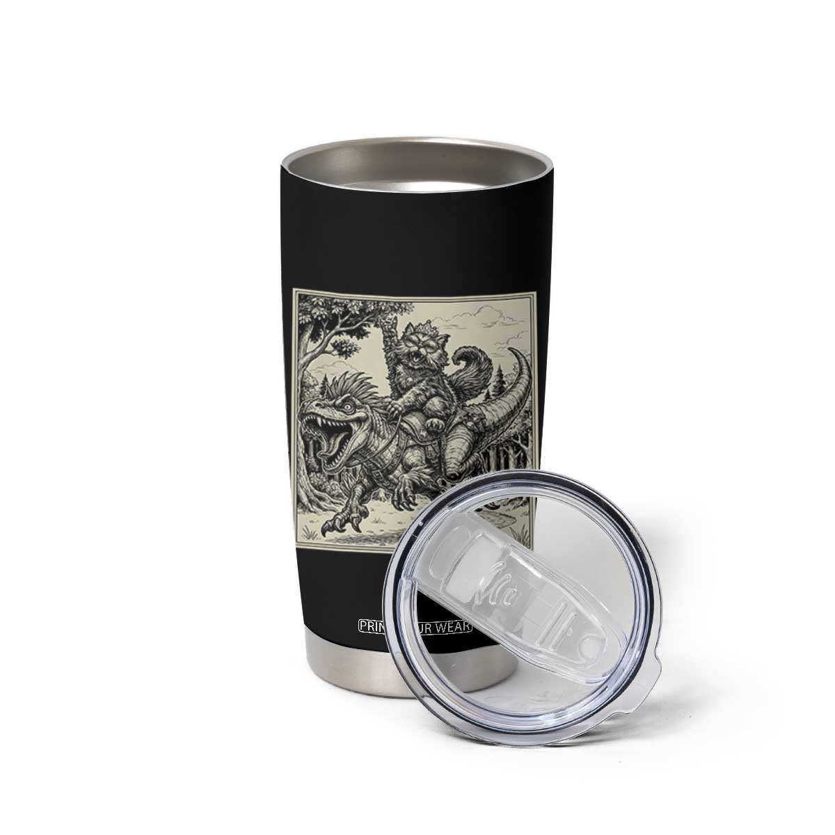 Cool Royal Cat Riding Dinosaur Tumbler Cup Rock N Roll Engraving Graphic Art TS12 Print Your Wear