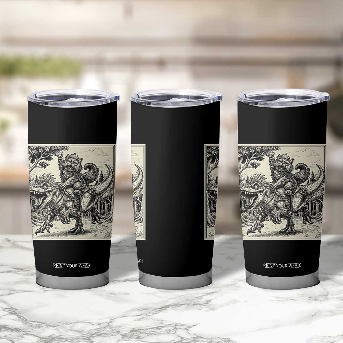 Cool Royal Cat Riding Dinosaur Tumbler Cup Rock N Roll Engraving Graphic Art TS12 Print Your Wear