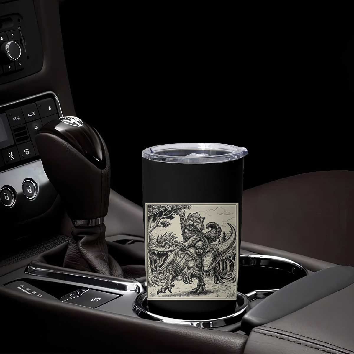 Cool Royal Cat Riding Dinosaur Tumbler Cup Rock N Roll Engraving Graphic Art TS12 Print Your Wear