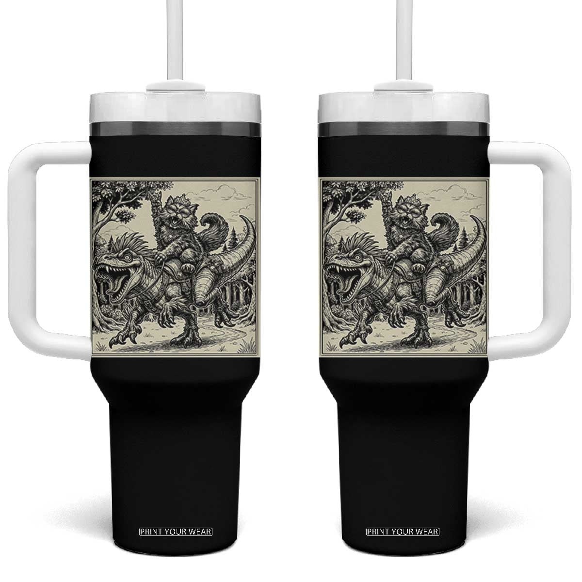 Cool Royal Cat Riding Dinosaur Tumbler With Handle Rock N Roll Engraving Graphic Art TS12 One Size: 40 oz Black Print Your Wear