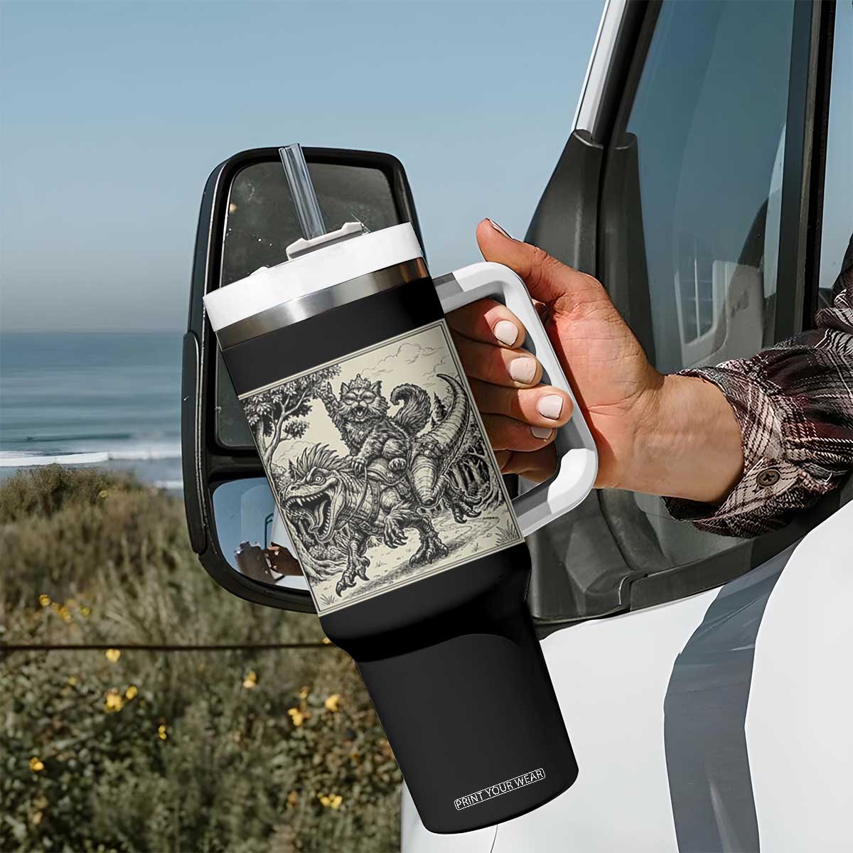 Cool Royal Cat Riding Dinosaur Tumbler With Handle Rock N Roll Engraving Graphic Art TS12 Print Your Wear
