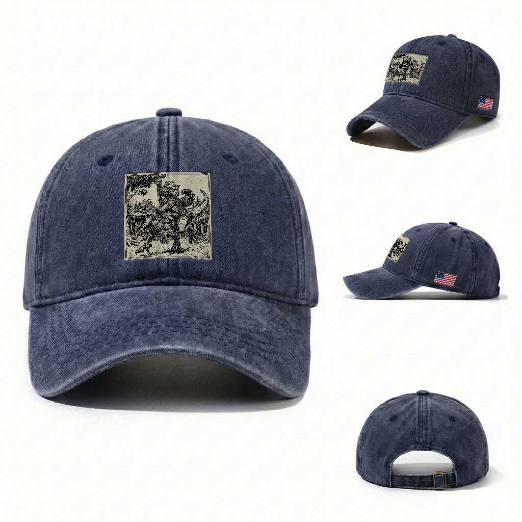 Cool Royal Cat Riding Dinosaur Washed Cotton Baseball Cap Rock N Roll Engraving Graphic Art TS12 Washed Cap Universal Fit Navy Print Your Wear
