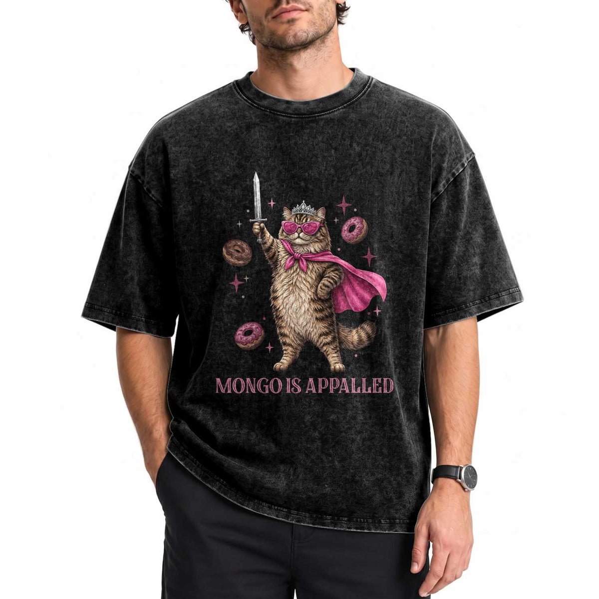 Cute Warrior Princess Cat With Sword Washed Cotton T-Shirt Fantasy Reader Gift