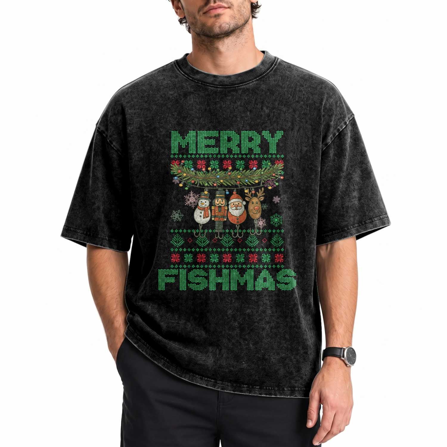 Merry Fishmas Ugly Sweater Washed Cotton T-Shirt Funny Fishing Holiday Gift