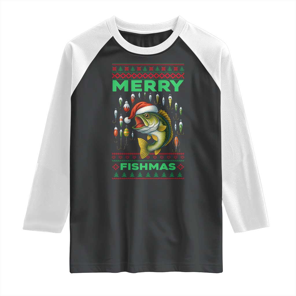 Funny Merry Fishmas Ugly Sweater Raglan Shirt Fisherman Christmas Gift TS12 Black White Print Your Wear