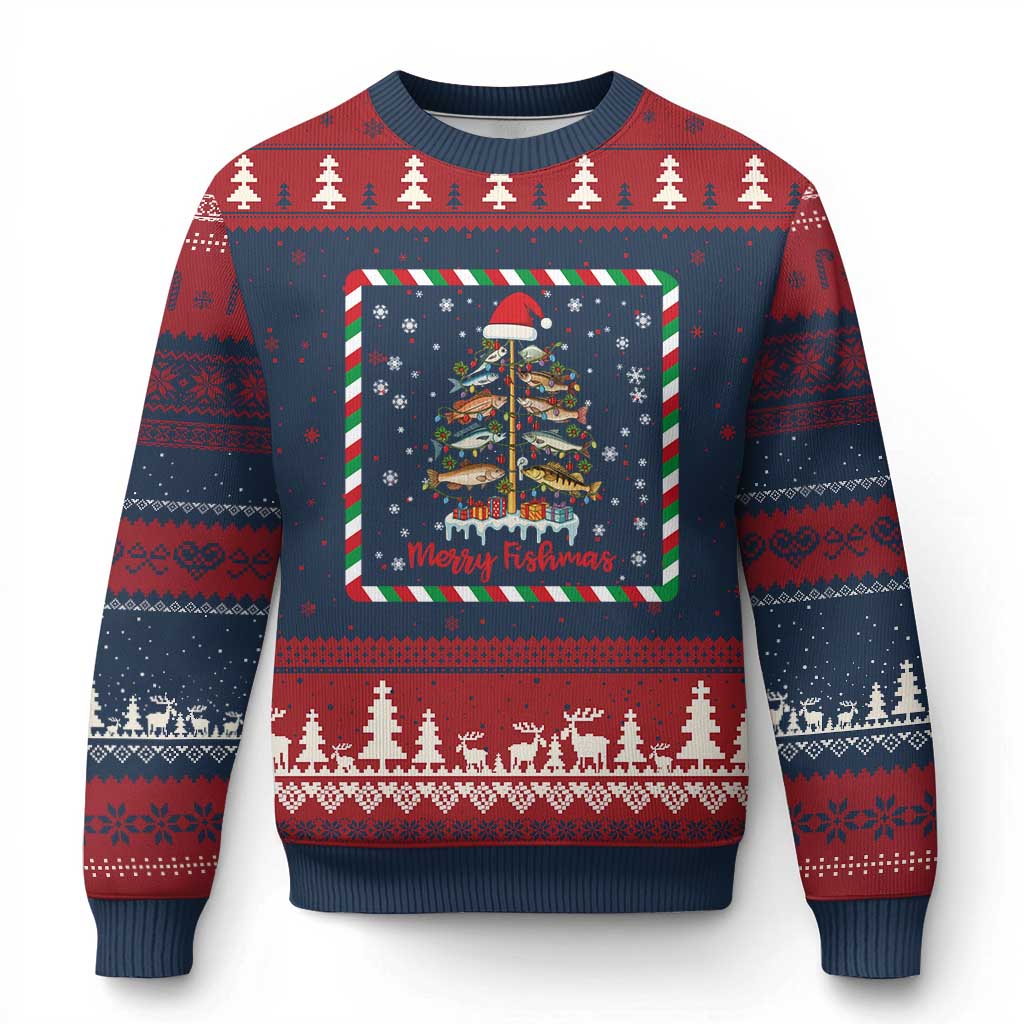 Merry Fishmas Ugly Christmas Sweater Funny Xmas Fishing Lover Gift TS12 Navy Red Print Your Wear