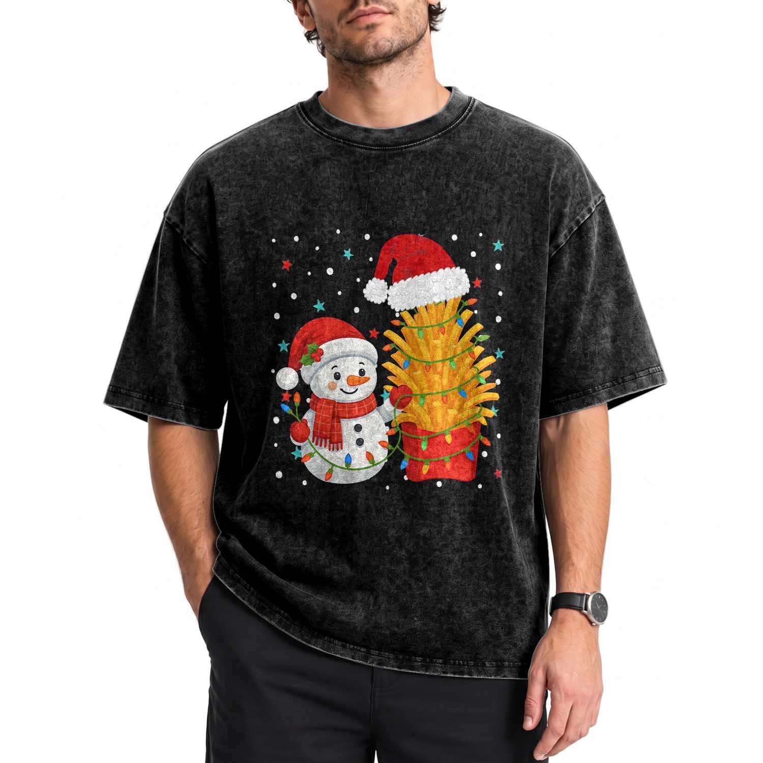 Funny Snowman Decorating French Fries Washed Cotton T-Shirt Christmas Gift
