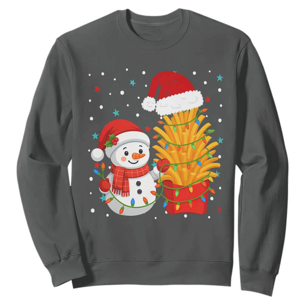 Funny Snowman Decorating French Fries Sweatshirt Christmas Gift TS12 Dark Heather Print Your Wear