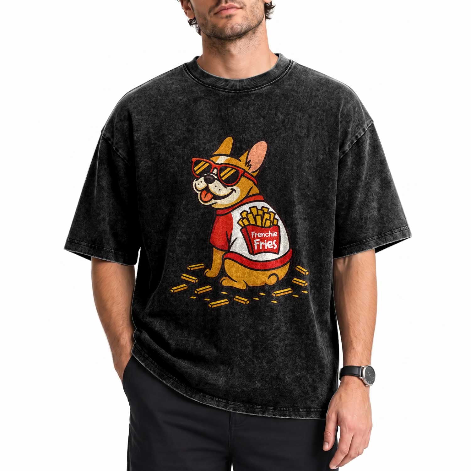 Frenchie Fries Washed Cotton T-Shirt Funny French Bulldog Lover Gift