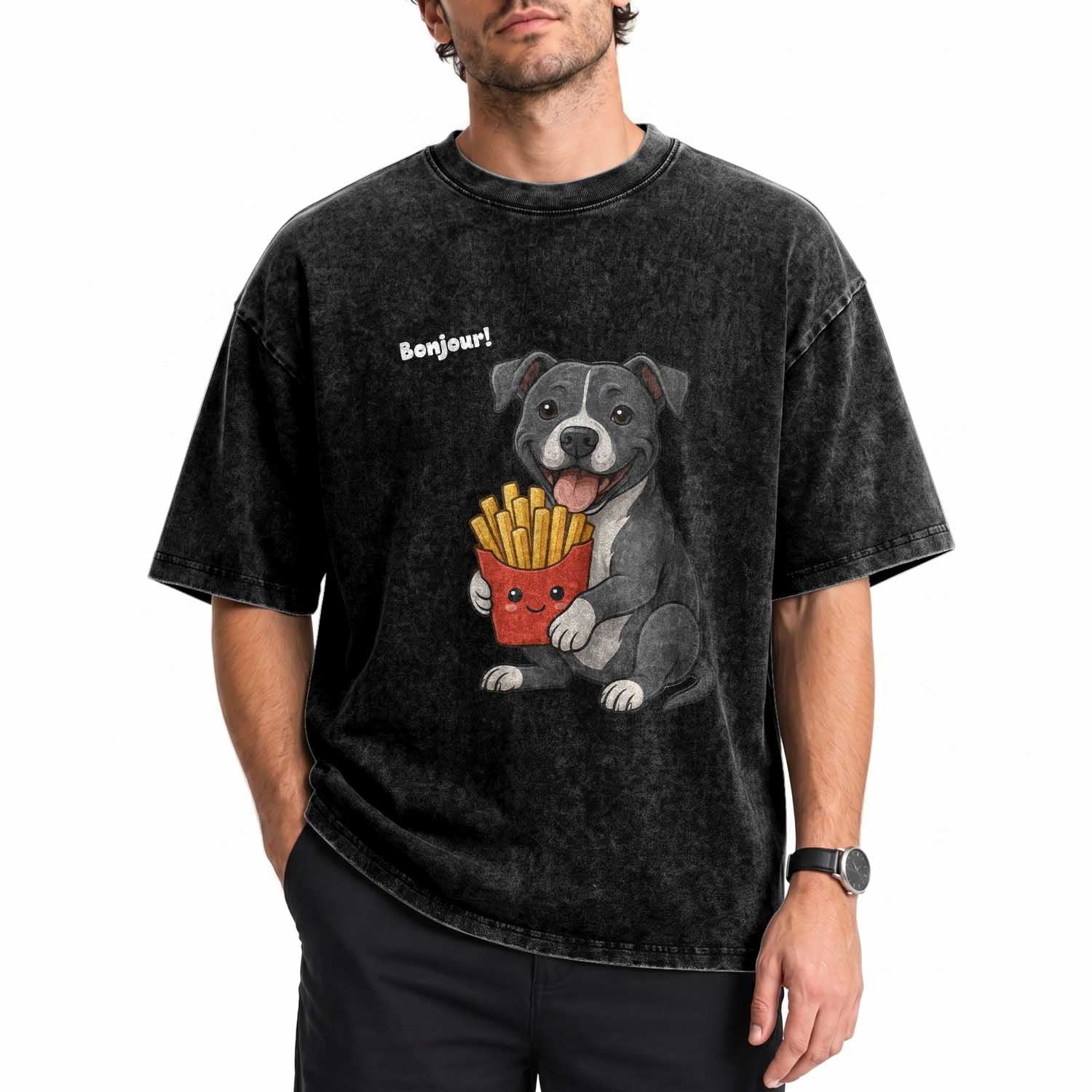 Funny Bonjour French Fries Washed Cotton T-Shirt Pitbull Dog Gift