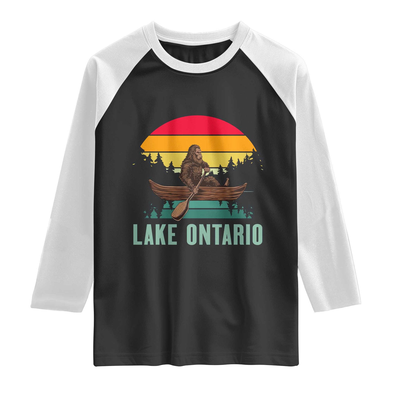 Vintage Lake Ontario Bigfoot Canoe Raglan Shirt Funny Cryptid Boating Adventure