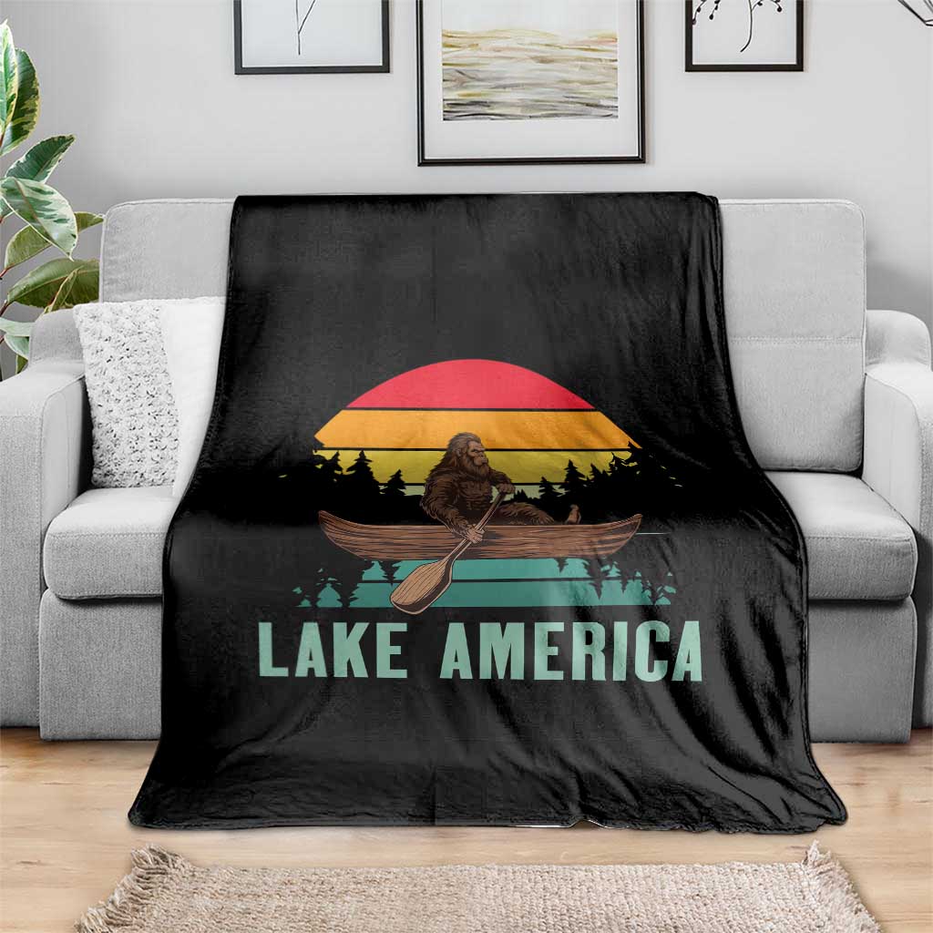 Vintage Lake America Bigfoot Canoe Throw Blanket Funny Cryptid Boating Adventure