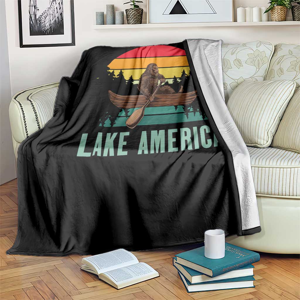 Vintage Lake America Bigfoot Canoe Throw Blanket Funny Cryptid Boating Adventure