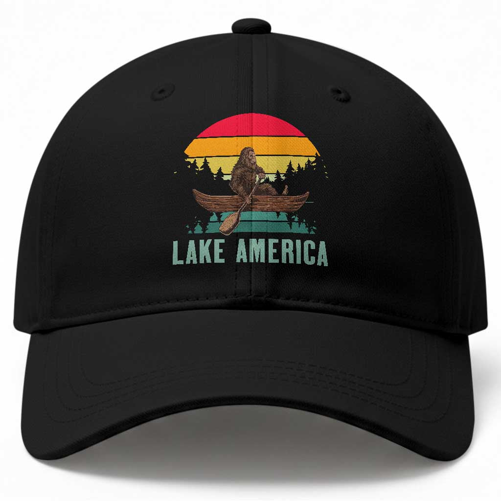 Vintage Lake America Bigfoot Canoe Baseball Cap Funny Cryptid Boating Adventure