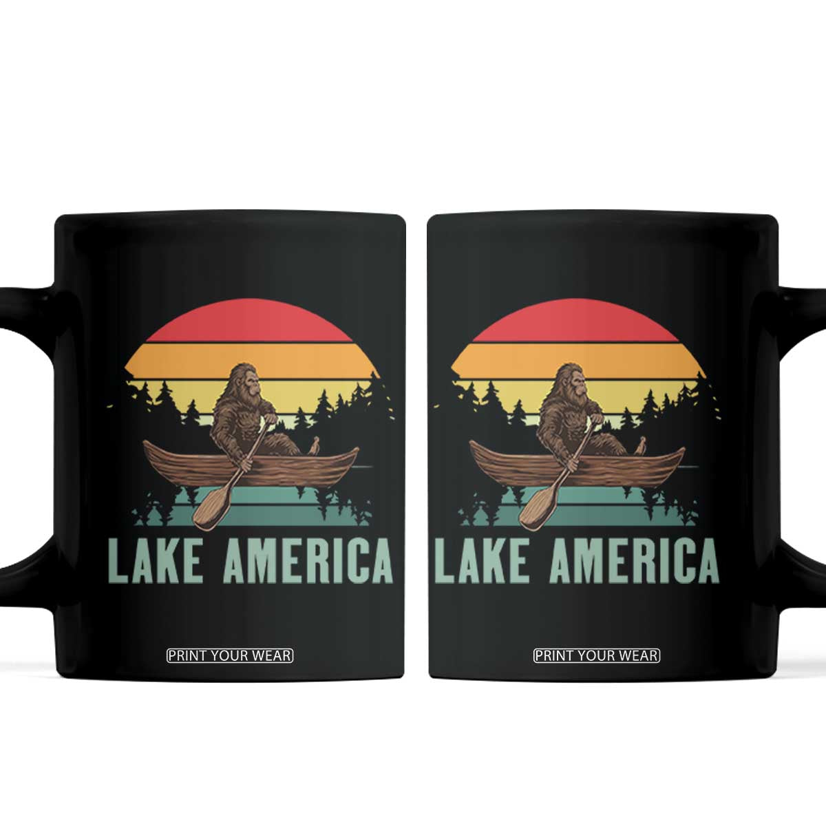 Vintage Lake America Bigfoot Canoe Coffee Mug Funny Cryptid Boating Adventure