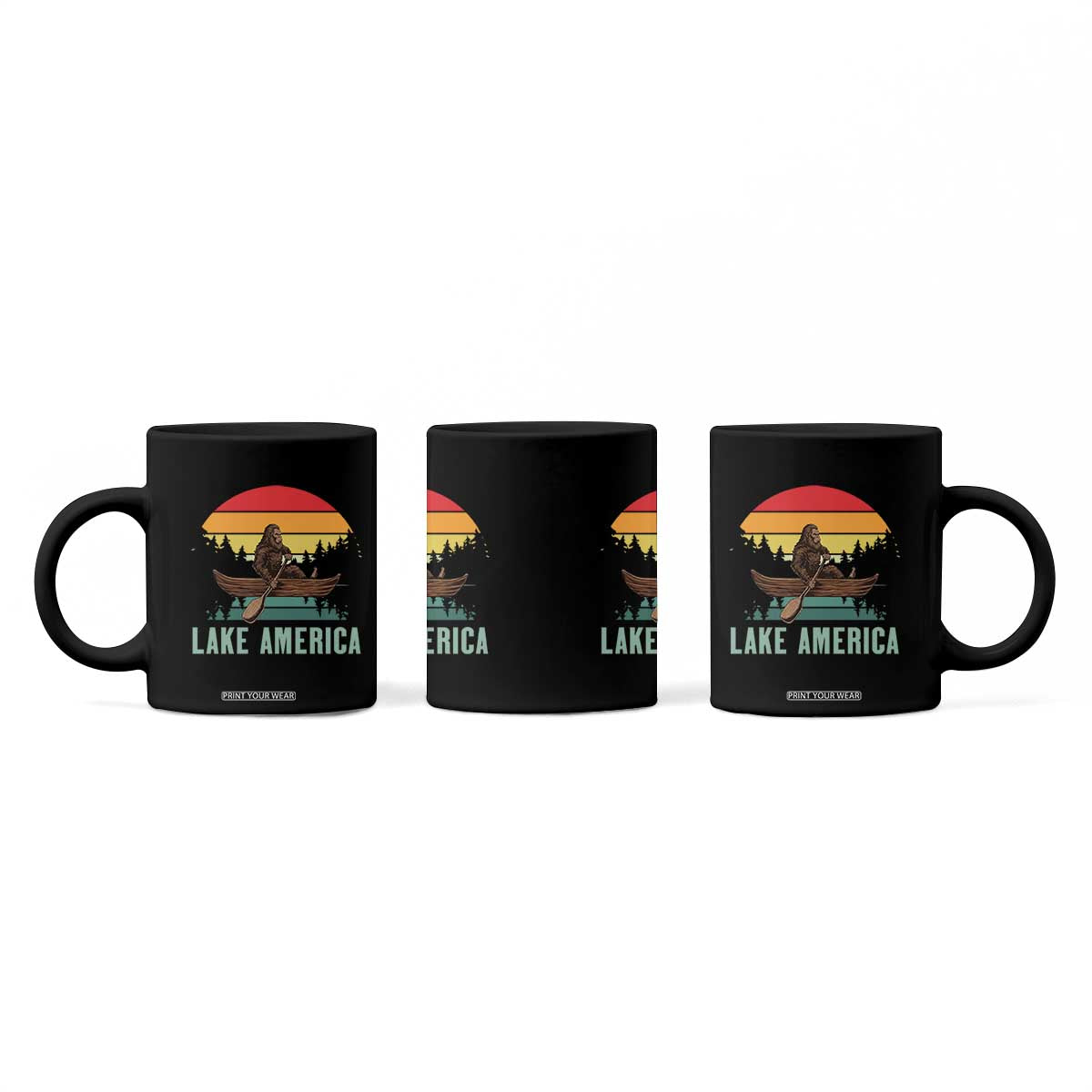 Vintage Lake America Bigfoot Canoe Coffee Mug Funny Cryptid Boating Adventure