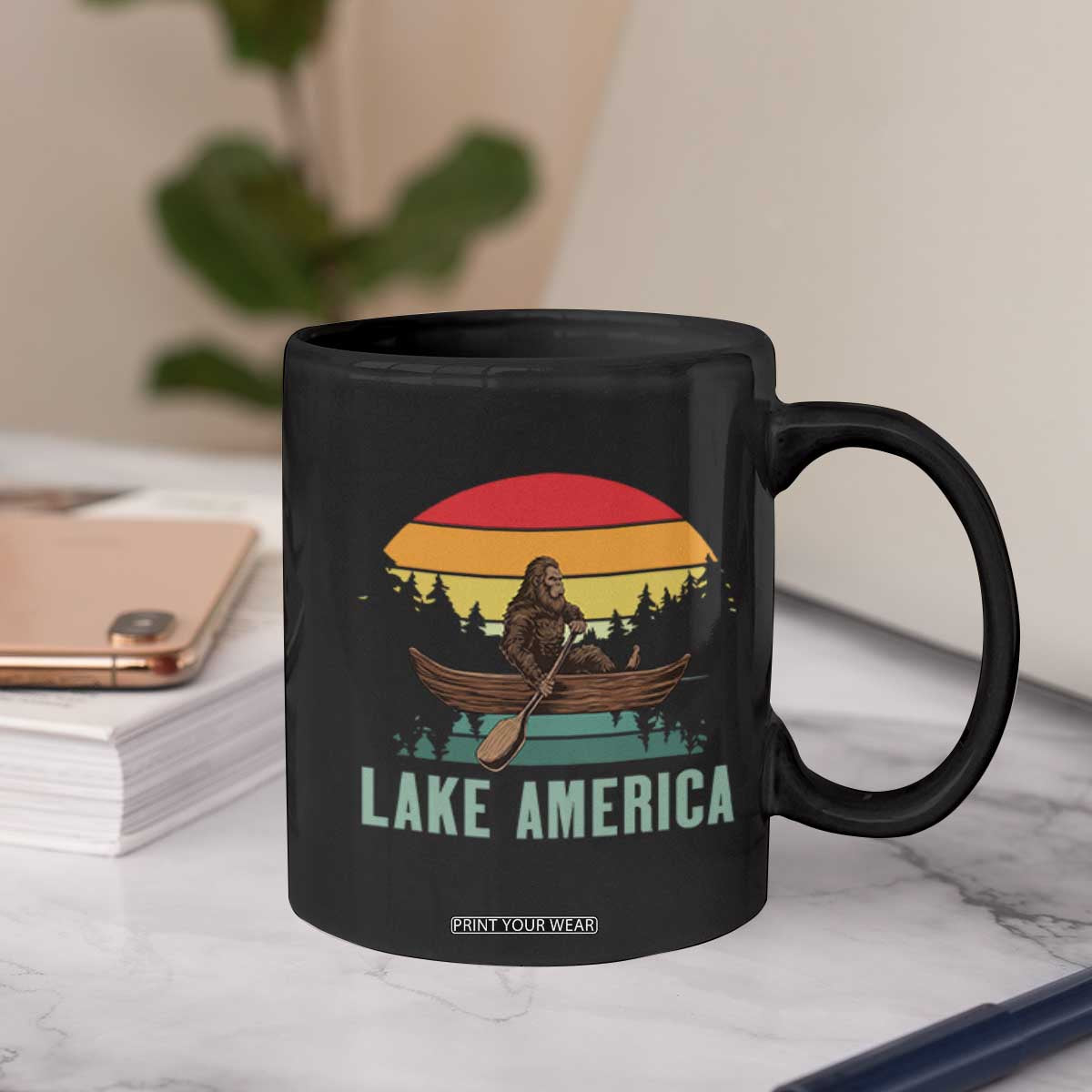 Vintage Lake America Bigfoot Canoe Coffee Mug Funny Cryptid Boating Adventure
