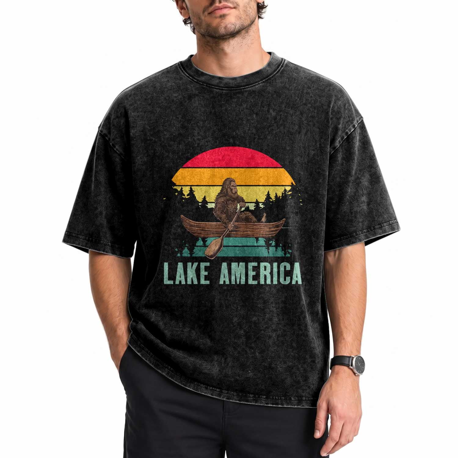 Vintage Lake America Bigfoot Canoe Washed Cotton T-Shirt Funny Cryptid Boating Adventure