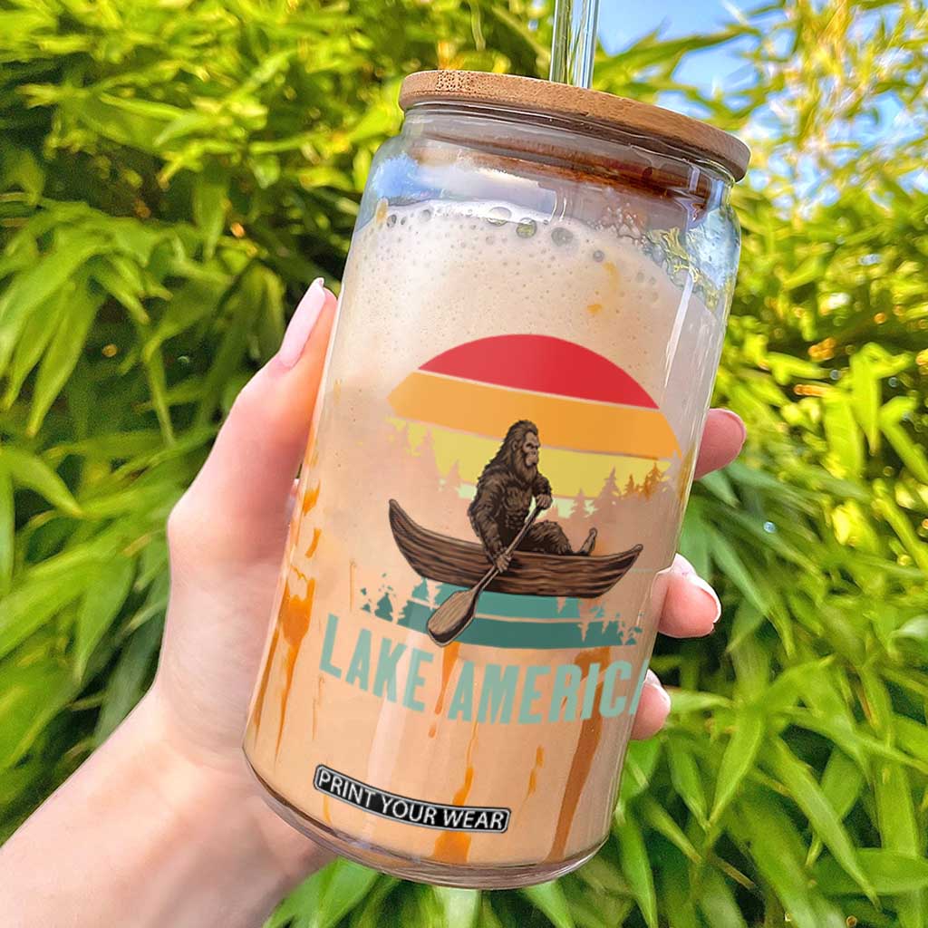 Vintage Lake America Bigfoot Canoe Glass Can Funny Cryptid Boating Adventure