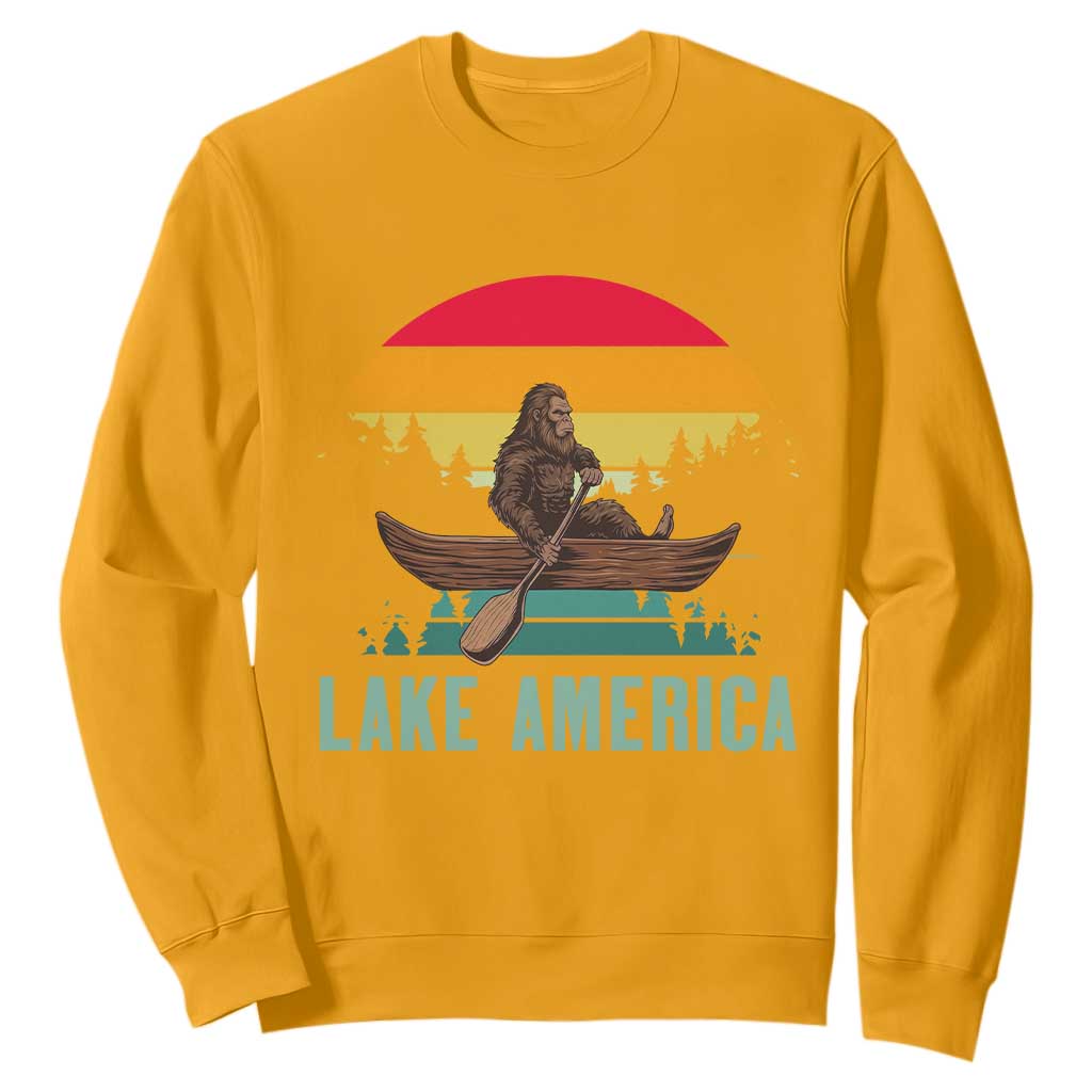Vintage Lake America Bigfoot Canoe Sweatshirt Funny Cryptid Boating Adventure