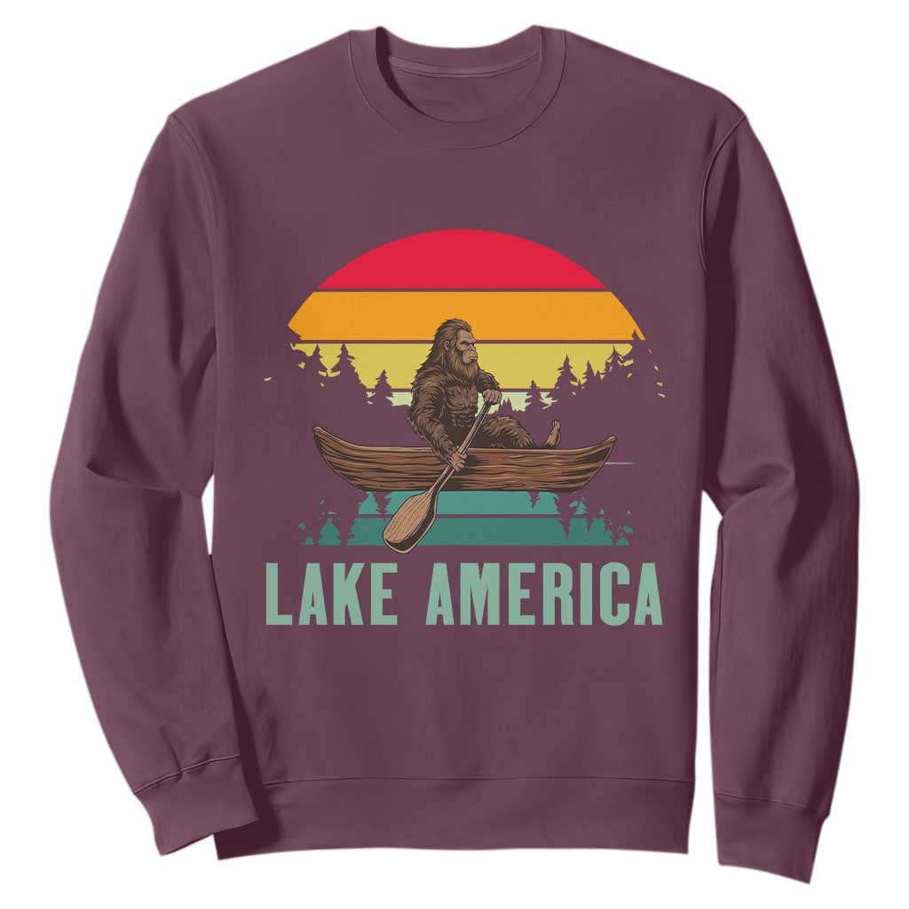 Vintage Lake America Bigfoot Canoe Sweatshirt Funny Cryptid Boating Adventure