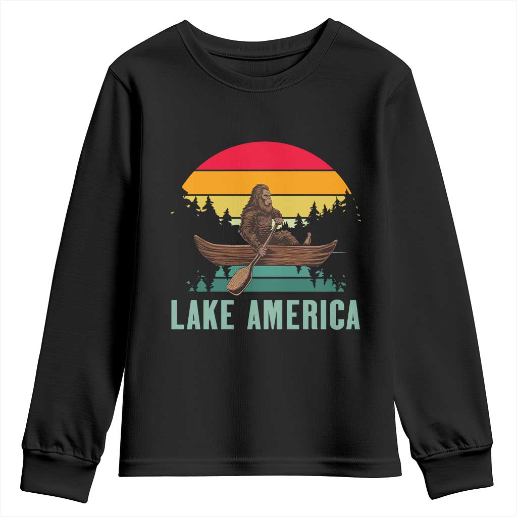 Vintage Lake America Bigfoot Canoe Youth Sweatshirt Funny Cryptid Boating Adventure