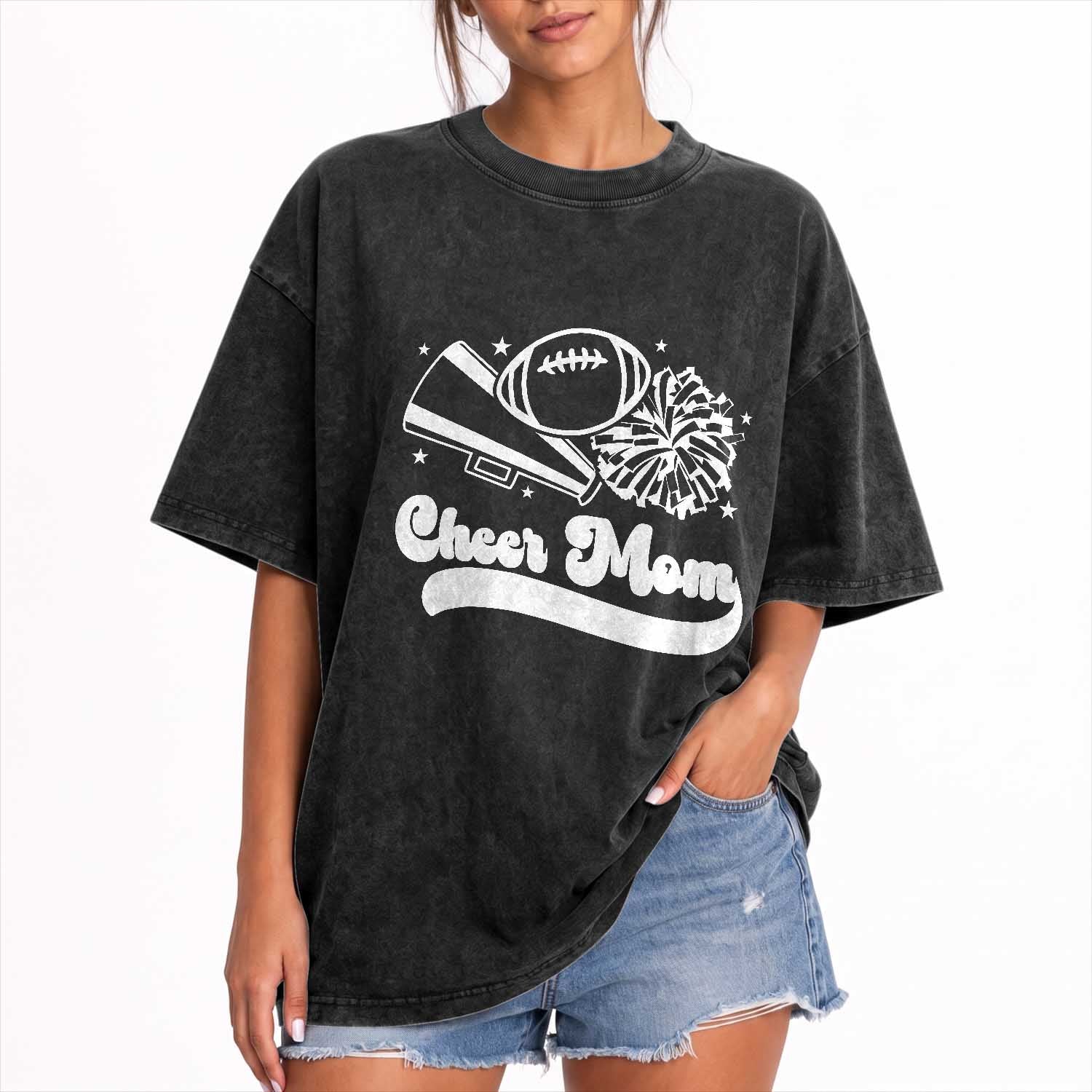 Cheer Mom Football Game Day Washed Cotton T-Shirt Cheerleader Team Spirit Gift