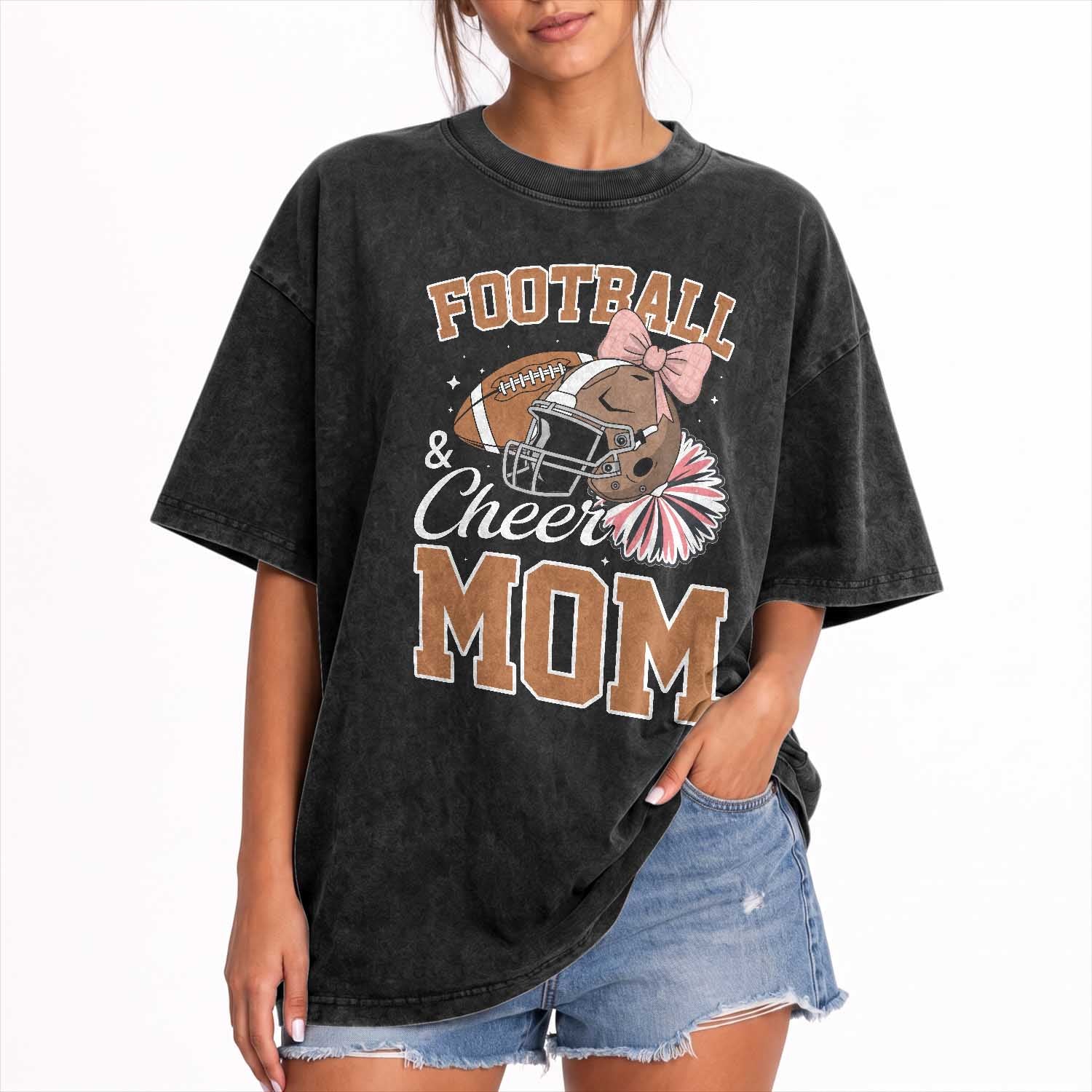 Funny Football And Cheer Mom Quote Washed Cotton T-Shirt Sports Season Gift