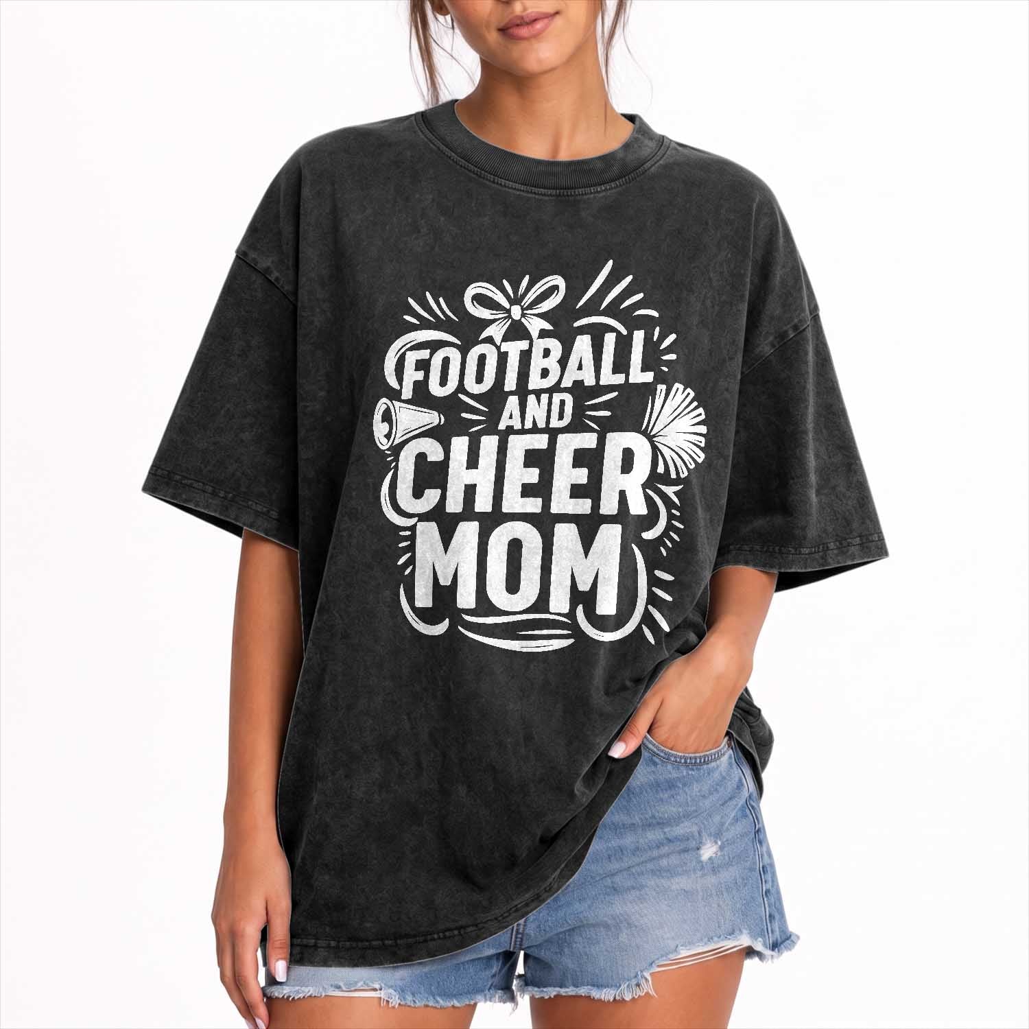 Football And Cheer Mom Quote Washed Cotton T-Shirt Team Supporter Gift Idea