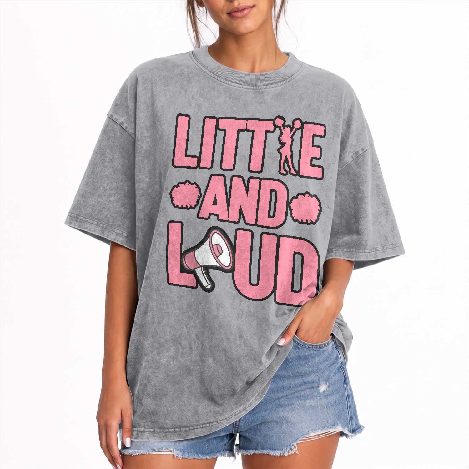 Little And Loud Quote Washed Cotton T-Shirt Cheerleader Girl Sports Gift