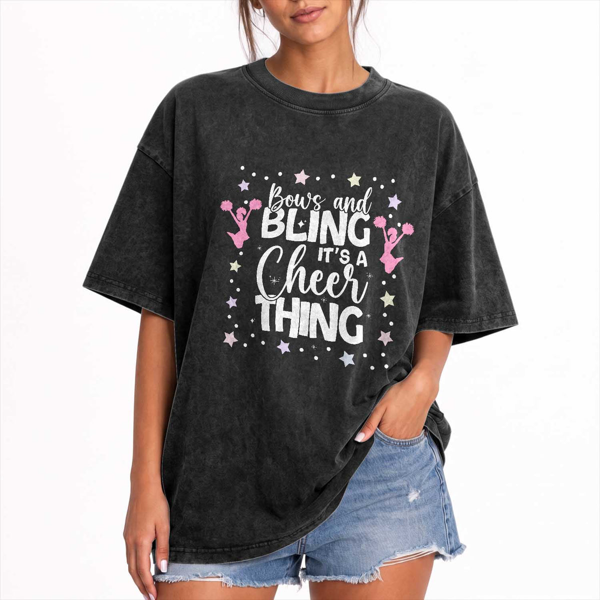 Bows And Bling Its A Cheer Thing Washed Cotton T-Shirt Cheer Mom And Cheerleader Gift