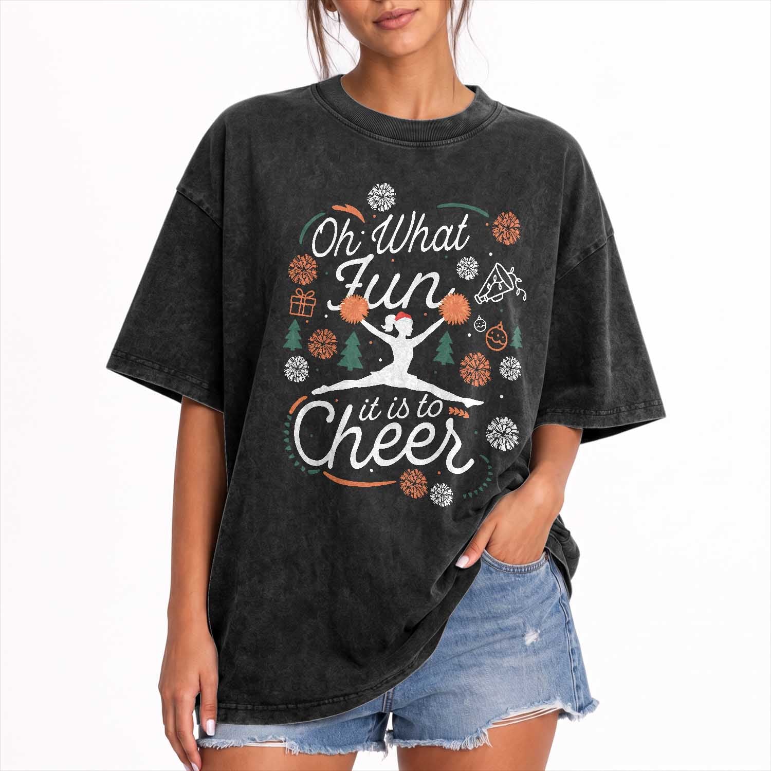 Oh What Fun It Is To Cheer Washed Cotton T-Shirt Funny Christmas Cheerleading Gift