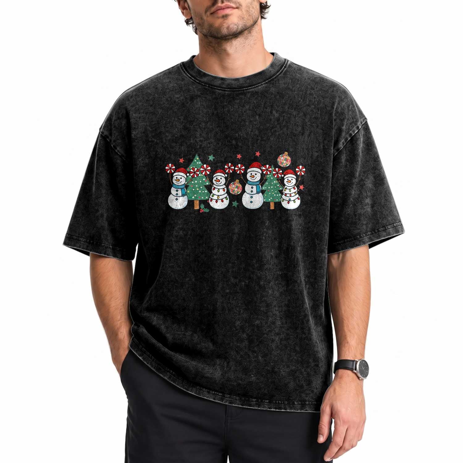 Funny Christmas Cheer Gift Washed Cotton T-Shirt Santa Snowman Cheerleaders