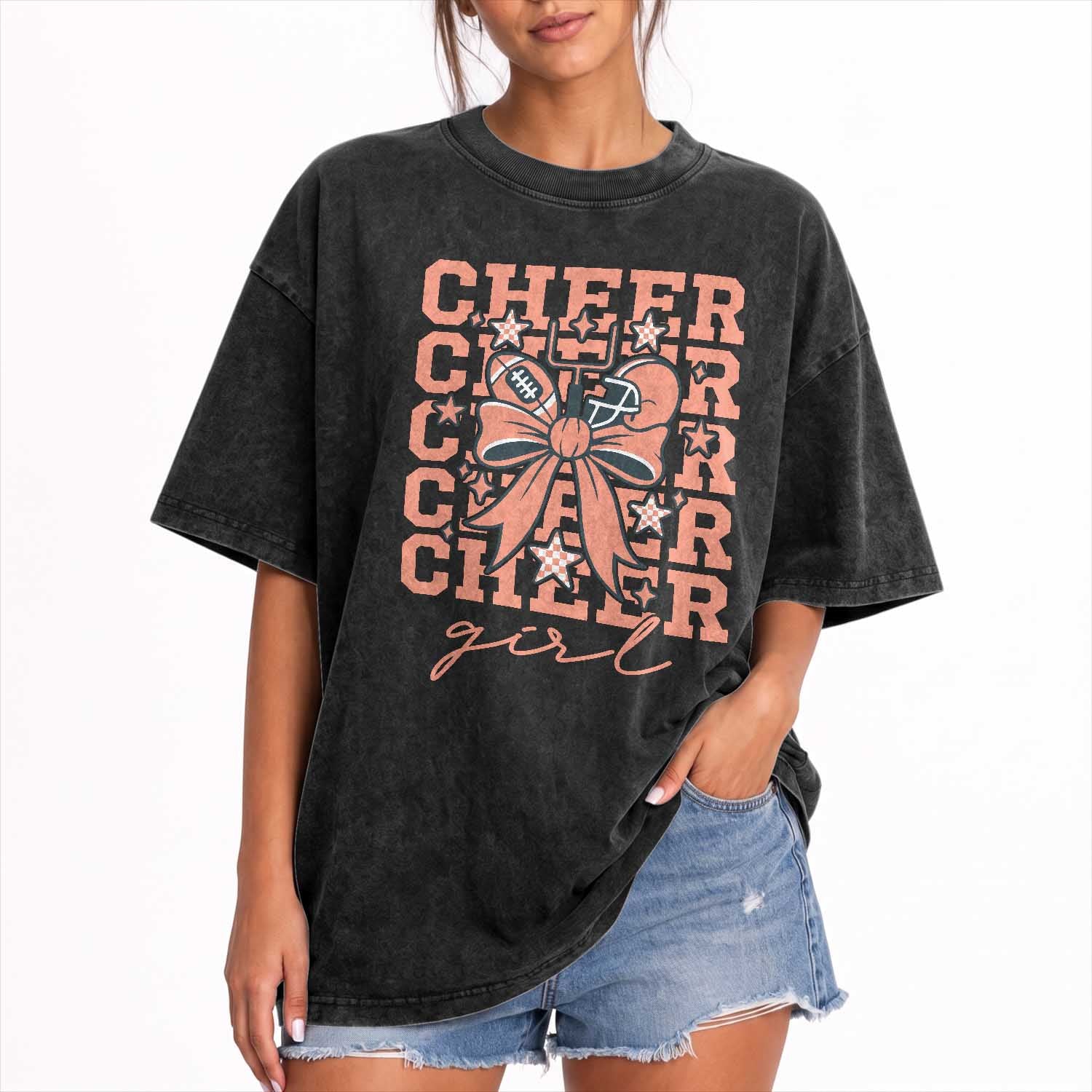 Cheer Girl Football Team Spirit Washed Cotton T-Shirt Gift For Cheerleader