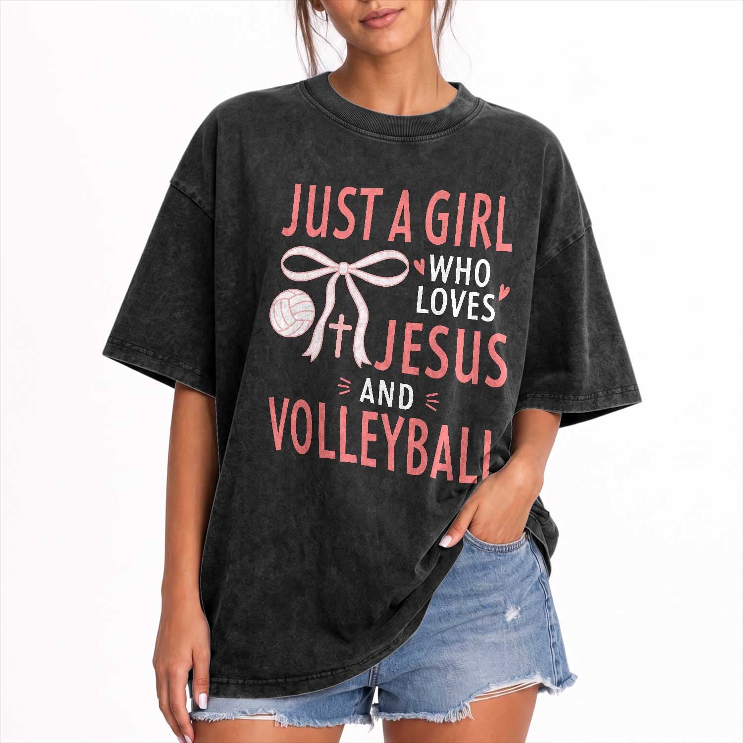 Christian Volleyball Player Washed Cotton T-Shirt Just A Girl Who Loves Jesus Sports Gift