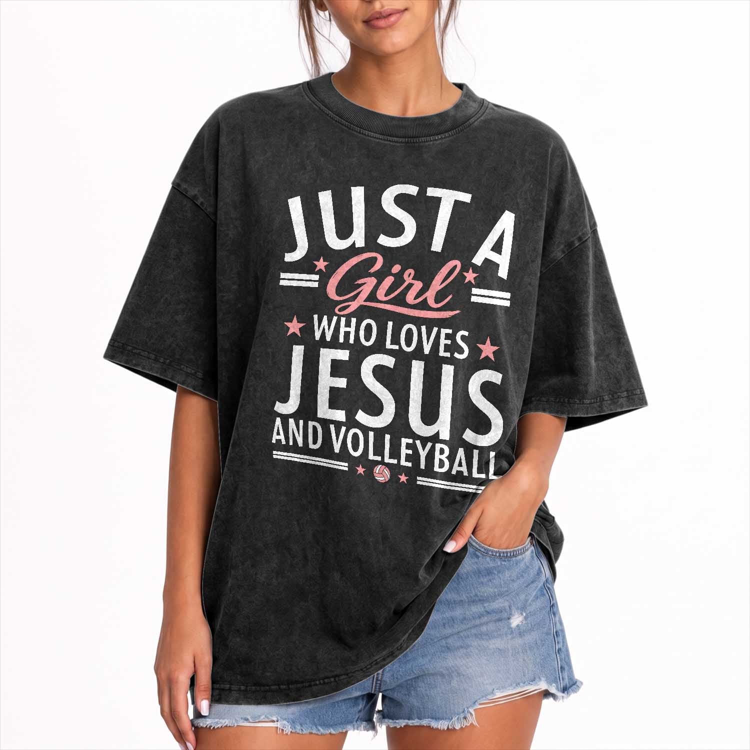 Volleyball Faith Girl Washed Cotton T-Shirt Just A Girl Who Loves Jesus Christian Gift