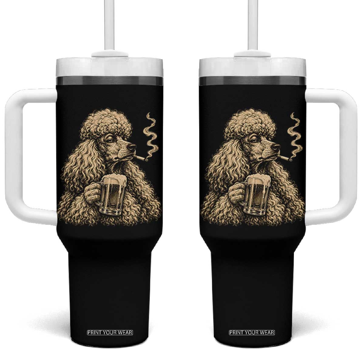 Funny Poodle Meme Tumbler With Handle Smoking Cigarette Drinking Beer Dog Lover Gift