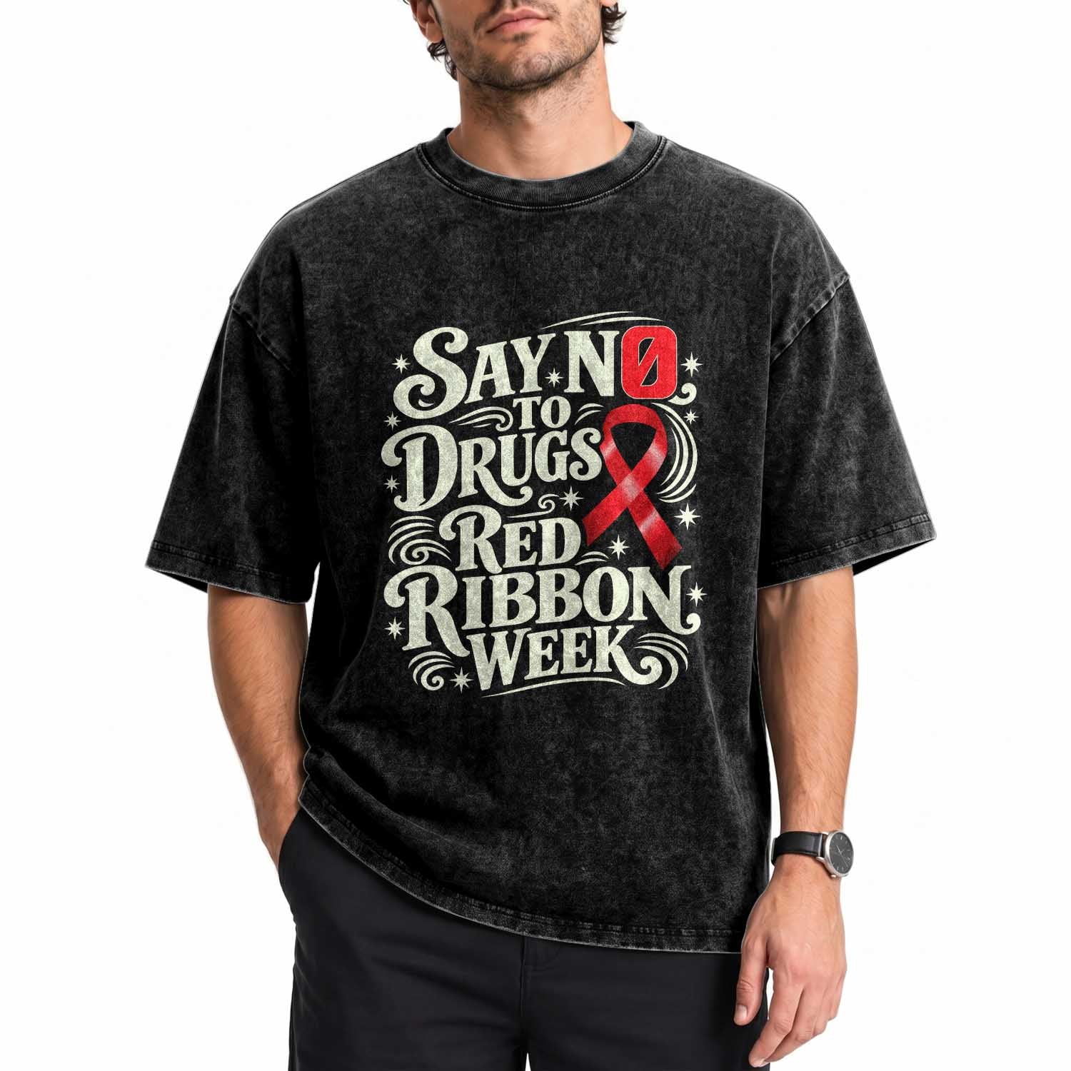 Red Ribbon Week Anti Drugs Washed Cotton T-Shirt Say No To Drugs School Support