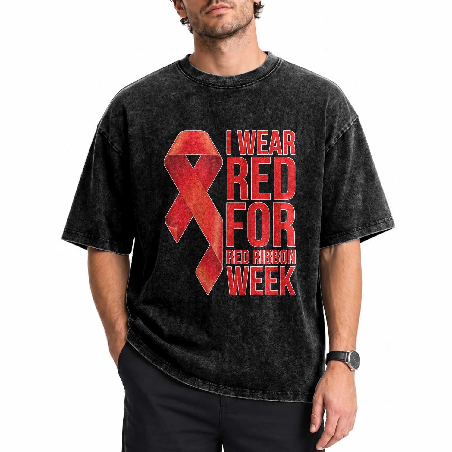 I Wear Red For Red Ribbon Week Washed Cotton T-Shirt Drug Free School Support