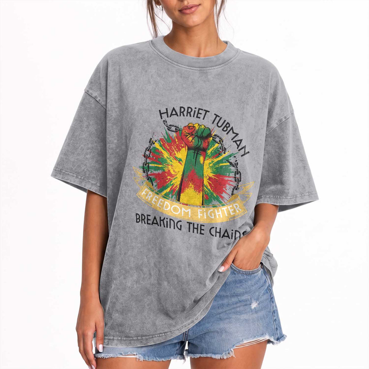 Harriet Tubman Washed Cotton T-Shirt Underground Railroad Hero Breaking Chains