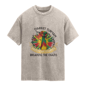 Harriet Tubman Washed Cotton T-Shirt Underground Railroad Hero Breaking Chains