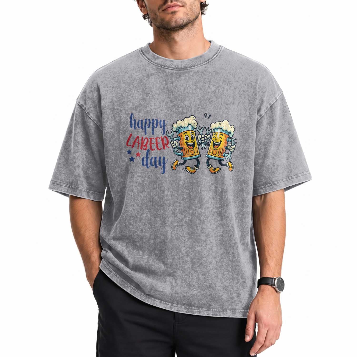 Happy Labeer Day Washed Cotton T-Shirt Funny Labor Day Beer Union Worker Humor