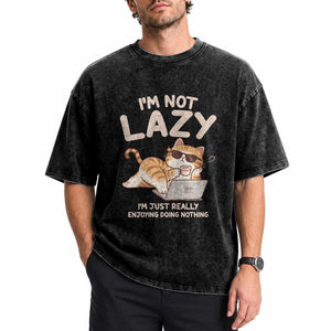 Funny Lazy Cat Washed Cotton T-Shirt I'm Not Lazy I'm Just Really Enjoying Doing Nothing