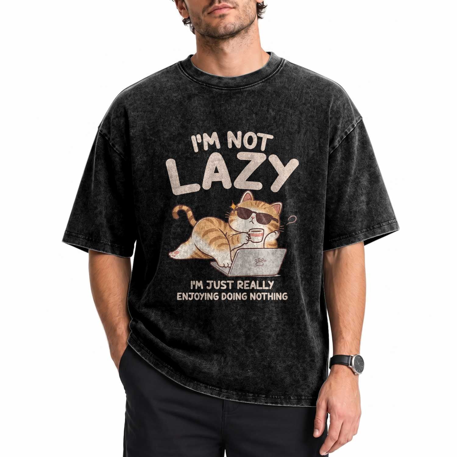 Funny Lazy Cat Washed Cotton T-Shirt I'm Not Lazy I'm Just Really Enjoying Doing Nothing