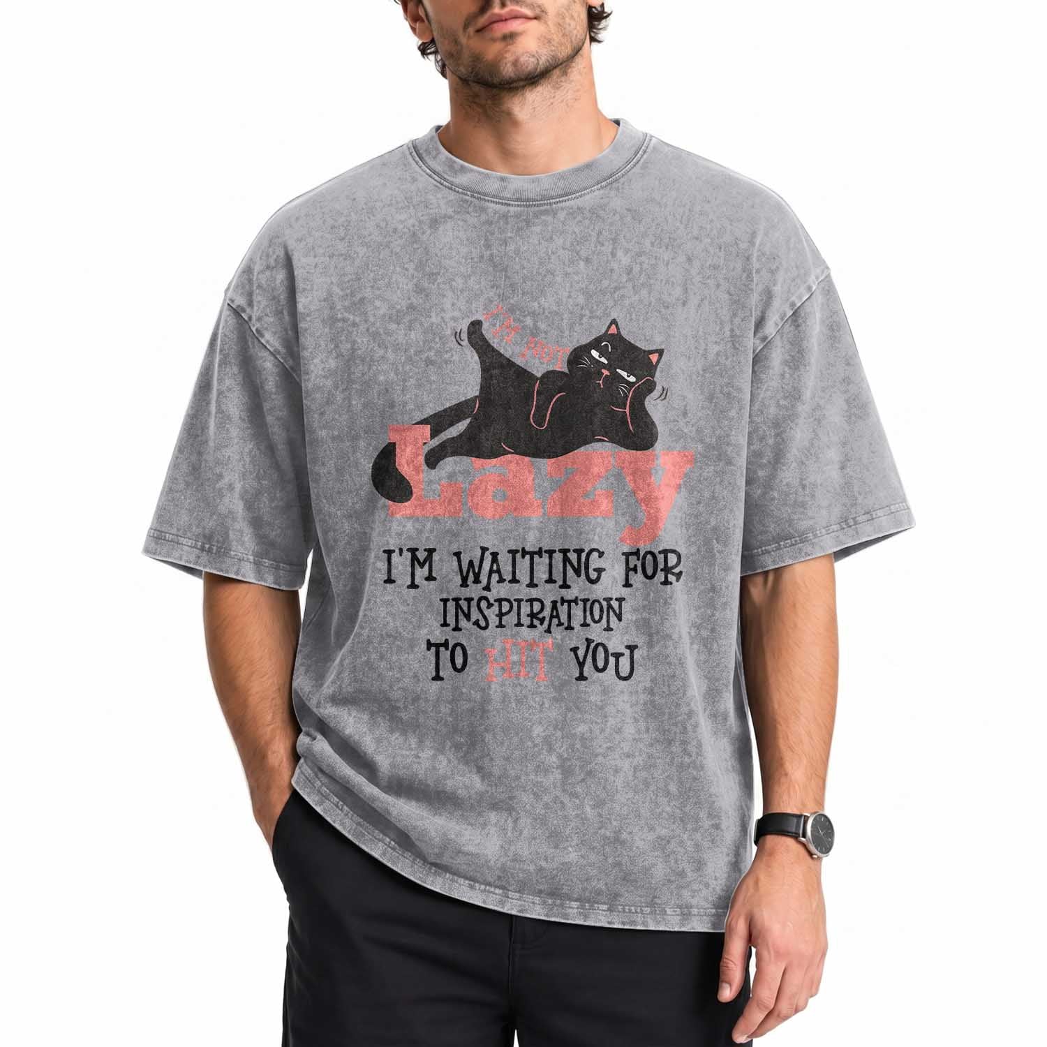 I Am Not Lazy I Am Waiting For Inspiration To Hit You Washed Cotton T-Shirt Black Lazy Cat