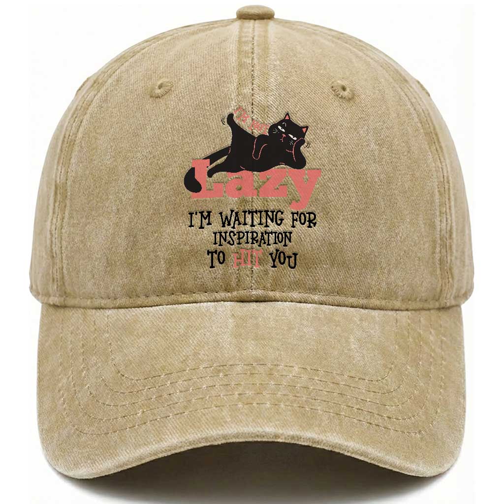 I Am Not Lazy I Am Waiting For Inspiration To Hit You Washed Cotton Baseball Cap Black Lazy Cat TS12 Print Your Wear