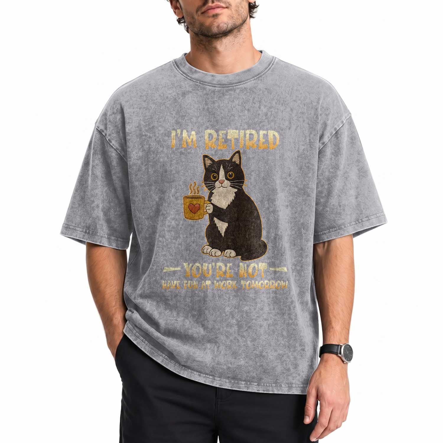 Funny I Am Retired You Are Not Have Fun At Work Tomorrow Washed Cotton T-Shirt Black Cat