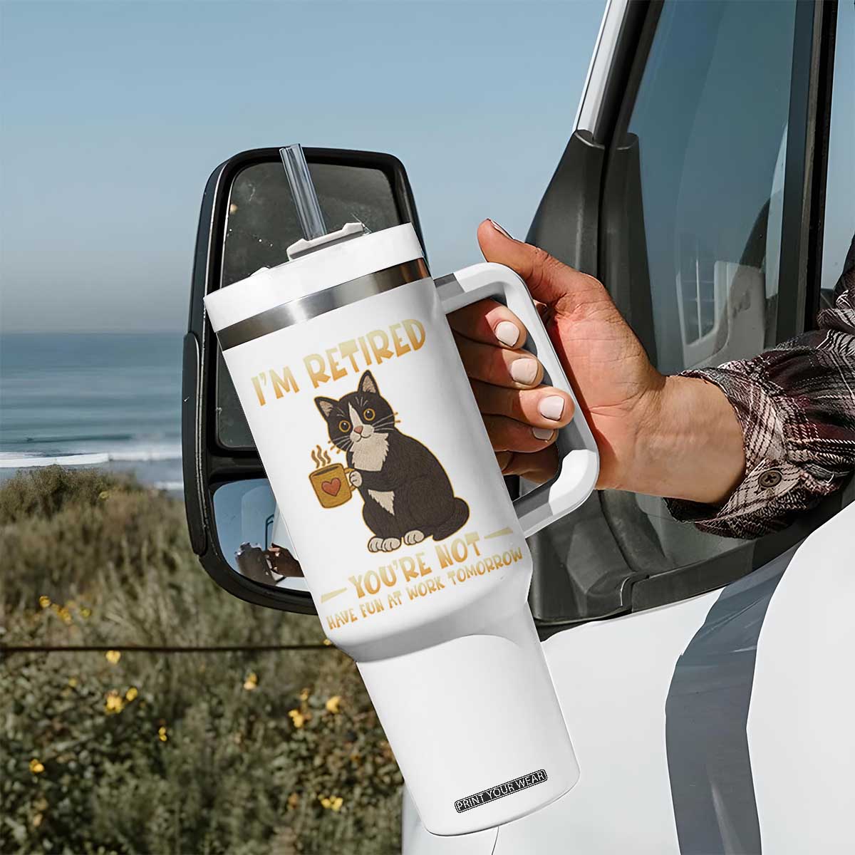 Funny I Am Retired You Are Not Have Fun At Work Tomorrow Tumbler With Handle Black Cat TS12 Print Your Wear