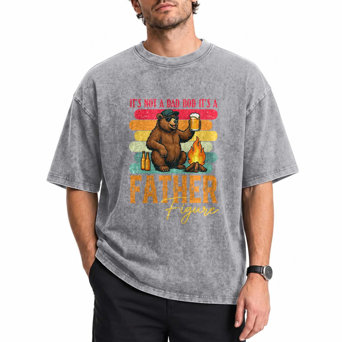 Funny Bear Dad Washed Cotton T-Shirt It Is Not A Dad Bod It Is A Father Figure